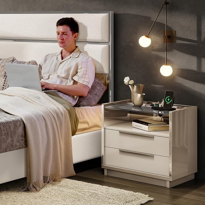 AMERLIFE 23.6" Nightstand, High Gloss End Table with Glass Tabletop, Modern Bedside Table with Charging Station, 2 Drawers Nightstand for Bedroom, Cream & Gray - Image 9