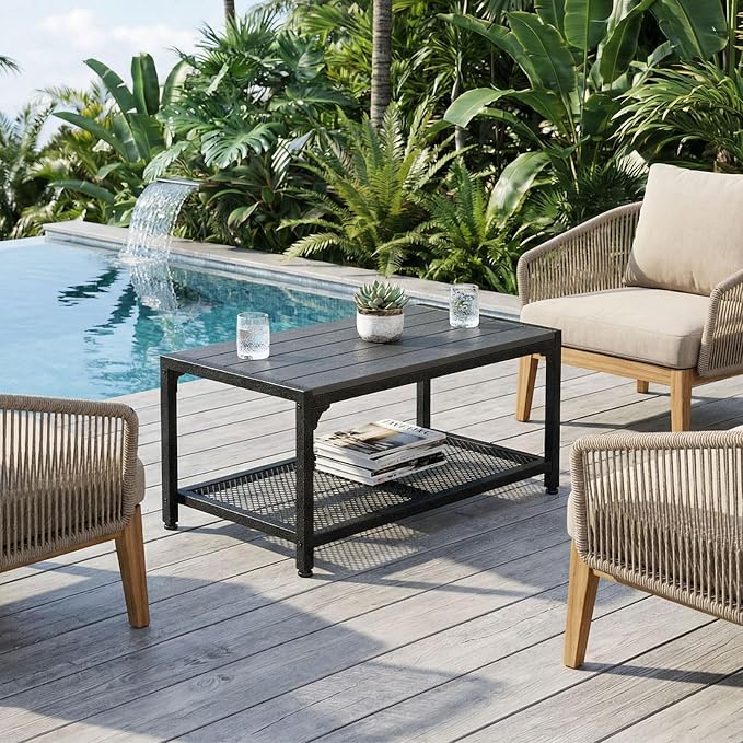 ODK Outdoor Coffee Table with Double-Layer Storage, Rectangle Weather-Resistant Patio Coffee Table for Garden, Balcony, Hot Tub, Poolside, Heavy-Duty Metal Frame, Grey - Image 9