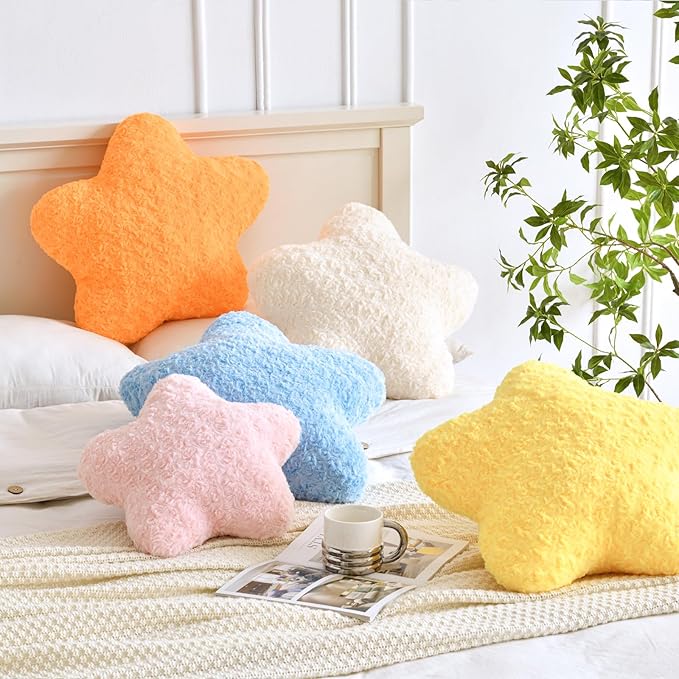 Star Pillow, 19.7" Star Shaped Plush Pillow for Couch Bed Sofa, Cute Decorative Throw Pillows with Soft Faux Fur Room Decor for Bedroom Living Room (Orange)