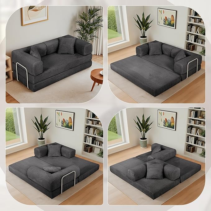 Eafurn 4-in-1 Convertible Folding Sofa Bed Boneless Loveseat Sofa in a Box - Foam Sleeper Couch with Fxied Frame, Modern Corduroy Upholstered Floor Couch & Fold Out Mattress | Breathable material, Fixed-shape Frame