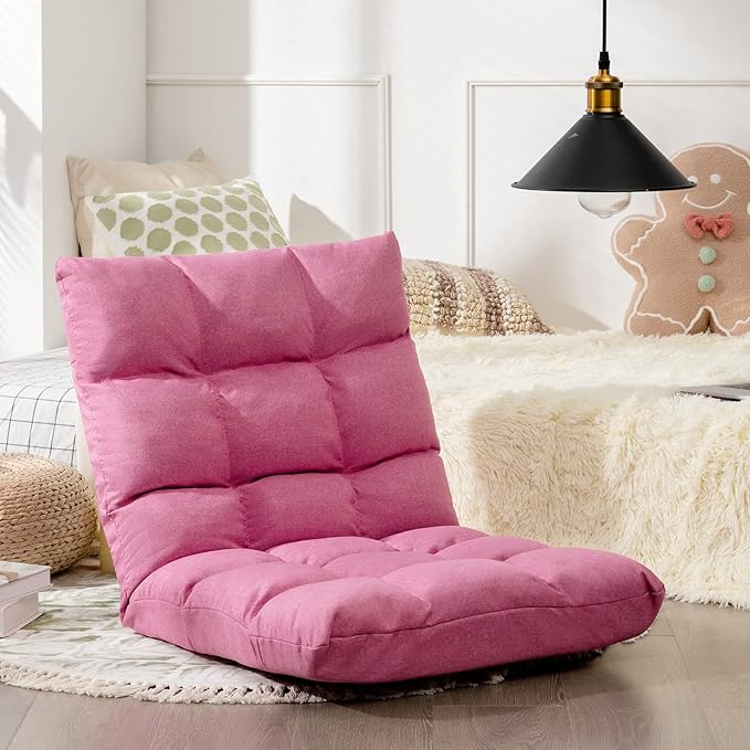Giantex Adjustable Floor Gaming Sofa Chair 14-Position Cushioned Folding Lazy Recliner High Resilience Sponge, Breathable Cotton & Linen Fabric Sleeper Bed Couch Recliner with Removable Cover (Pink)
