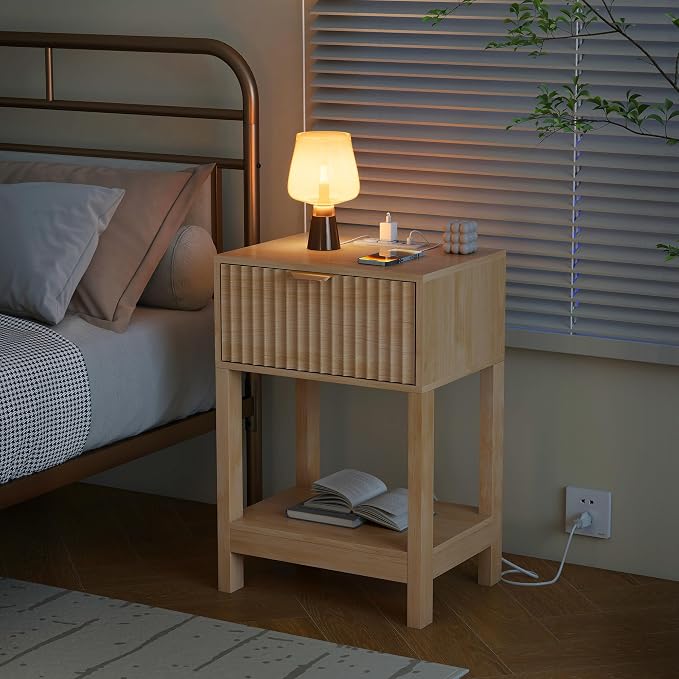 Nasonet Night Stand Set 2, Fluted Nightstand with Charging Station, Wood Bedside Table with Drawer & Storage Shelf, Modern End Tables for Bedroom Sofa Couch Office, Natural Oak - Image 7