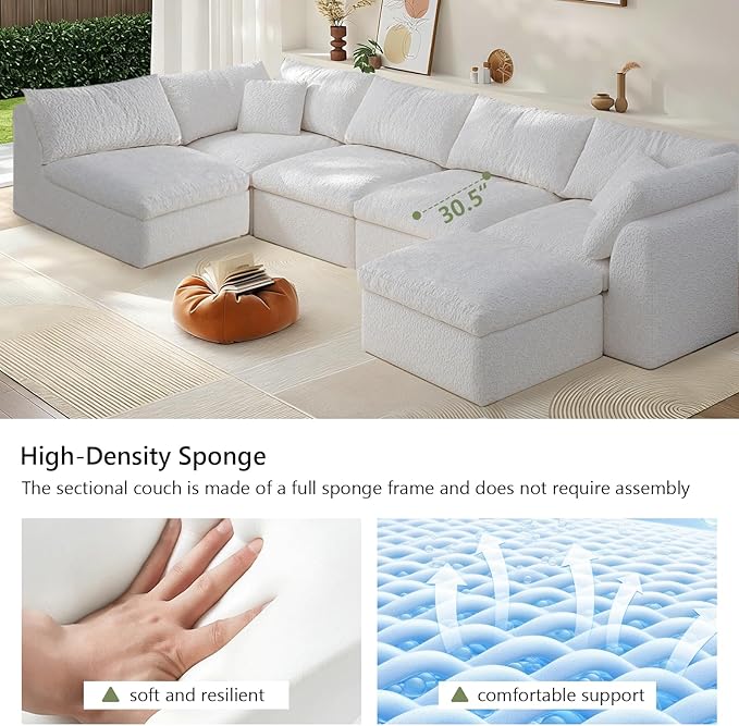 Modular Sectional Sofa Boneless Cloud Couch for Living Room, L Shape Deep Seat Recliner Sofa with Ottoman, Adjustable Backrest & 2 Throw Pillows - Covers Washable, (White, 5 Seater+1 Ottoman)