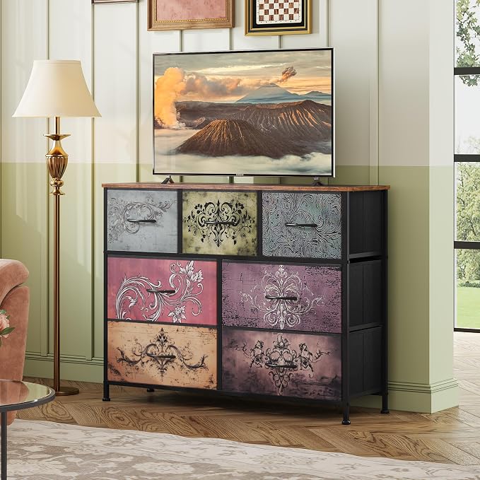 WLIVE 7 Drawer Dresser TV Stand, Entertainment Center, Media Console Table with Metal Frame and Wood Top for TV up to 45 inch, Chest of Drawers for Bedroom, Living Room, Pattern - Image 8