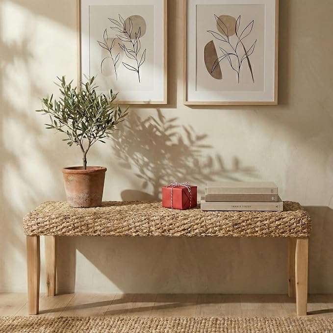 Indoor Bench Wicker for Entryway Bench, Wood Bench for Living Room Dining Bench or End of Bed Bench, 47" Boho Bench with Solid Wood Acacia & Natural Woven Seat, Rustic Farmhouse Rattan Hallway Bench - Image 8