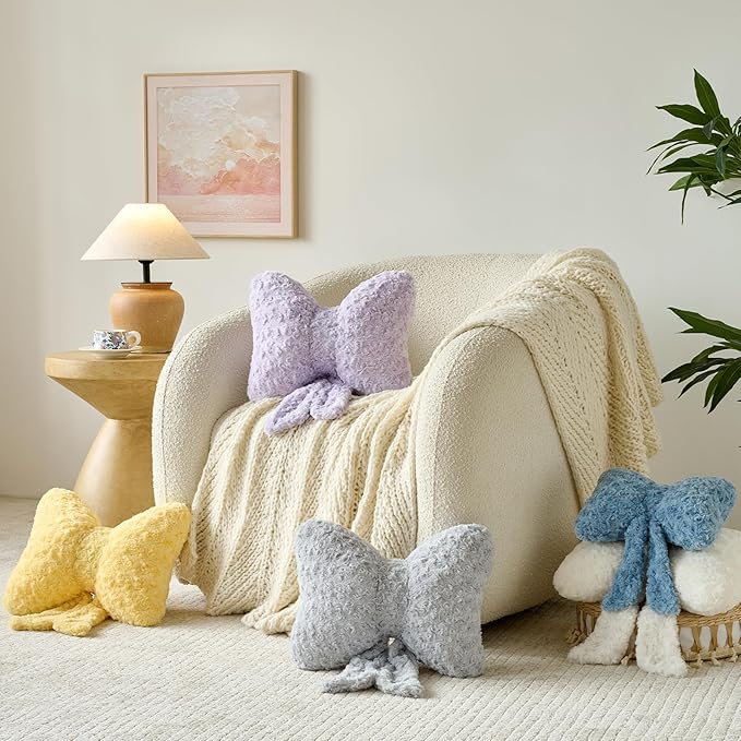 Bow Pillow, Decorative Bow Pillows with Soft Plush for Couch Bed, Bow Shaped Throw Pillow Room Decor for Bedroom, Bow Decorative Pillow for Living Room (Lavender Purple, Large-16 Inches)