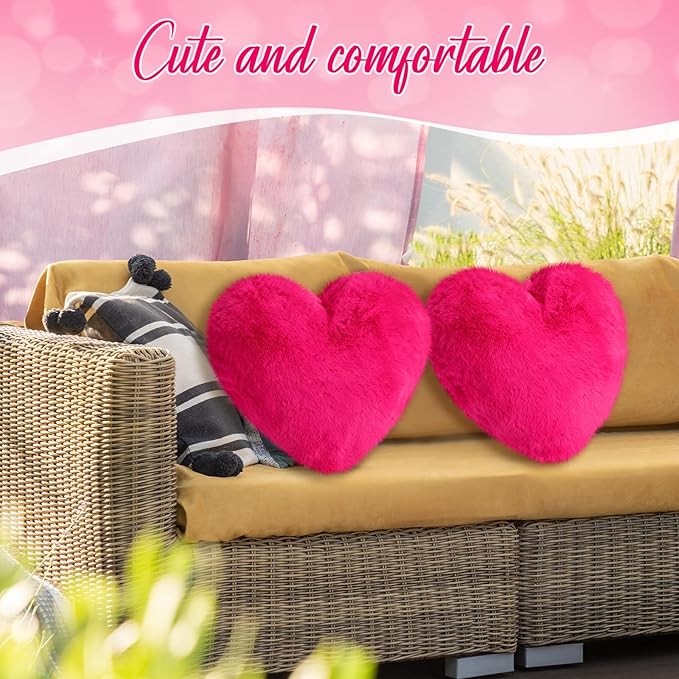 Marsui 2 Pcs Heart Throw Pillows, Soft Fluffy Faux Fur Decorative Hearts Shaped Pillows for Living Room Sofa Bed, Cute Heart Themed Gift for Women(Rose Red,11.81 x 11.02 Inch)
