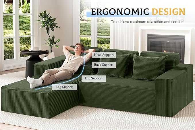 Homguava Modular Sectional Couches for Living Room,105" Cloud Couch with L-Shape Chaise,Comfy Sofa Living Room Sofas with Deep Seat,No Assembly L Couch,Corduroy Fabric(Green,L)