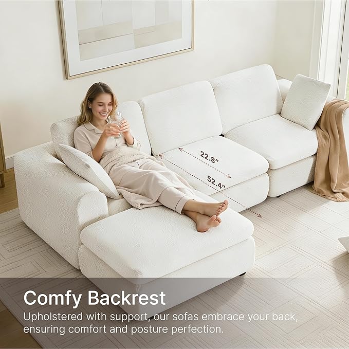 108" Boneless Cloud Couch Sectional No Assembly Required Modular Sofa with Deep Seat for Living Room L Shaped Couch with Ottoman Snowflake Fabric and Memory Sponge White