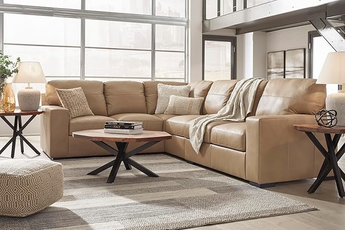Signature Design by Ashley Bandon Modern Leather Match Left-Arm Facing 3-Piece Sectional with Removable Cushions and Armrest, Light Brown