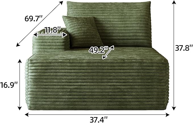 107" Boneless Couch with L Shaped Chaise, Plush Corduroy Sleeper Sectional Sofa, Deep Seat Comfy Couches for Living Room Bedroom, Compressed Foam Cloud Sofas, No Assembly, Left Facing Chaise, Green