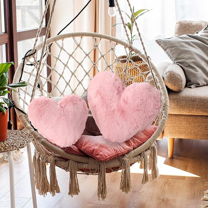 Marsui 2 Pcs Heart Throw Pillows, Soft Fluffy Faux Fur Decorative Hearts Shaped Pillows for Living Room Sofa Bed, Cute Heart Themed Gift for Women(Shrimp Pink,11.81 x 11.02, 16.73 x 13.78 Inch)