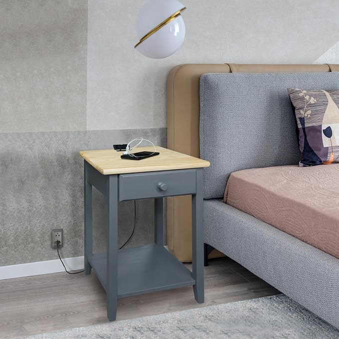 Casual Home Owl Night Stand with USB Port Charging Station and Drawer, 17.5" W x 14.25" D x 24.5" H, Natural Gray - Image 9