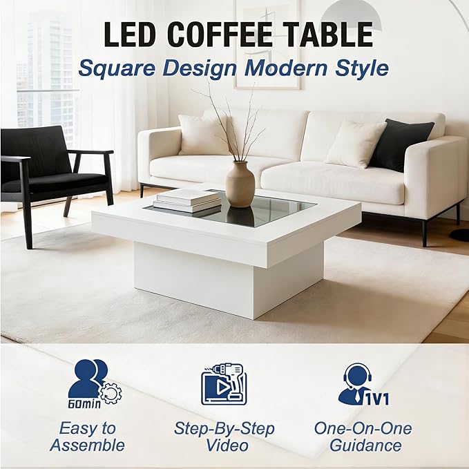FKWin Modern Coffee Table for Living Room - 31” Endless Depth Mirror Center Table with Led Lights, Unique Square Coffee Table with Tempered Glass-Top, White