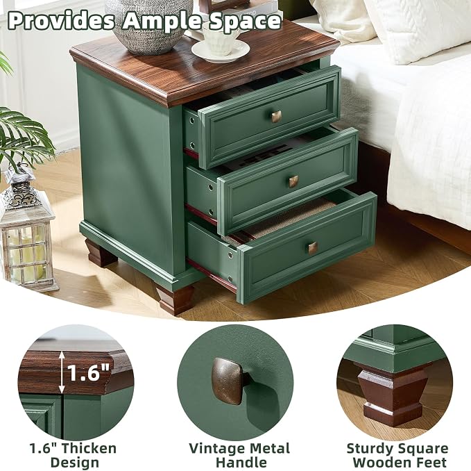 SAVOR LIFE Farmhouse Nightstand Set of 2, Rustic Accent End Table with 3 Drawers & 4 Square Solid Wood Legs, Vintage Bed Side Table with Storage, Small Dresser for Bedroom, Living Room, Green - Image 7