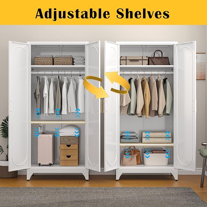 SteeLoong 71" Metal Armoire Wardrobe Closet with Doors,Tall Clothing Storage Cabinet with Adjustable Shelves and Hanging Rod,White Wardrobe Closet for Bedroom,Home,Office,Gym