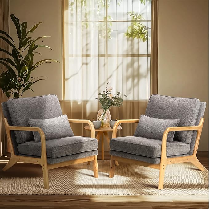 COLAMY Mid Century Modern Accent Chair with Lumbar Pillow, Relaxing Armchair with Solid Wood Frame & Soft Cushion, Reading Leisure Chair for Living Room,Bedroom,Waiting Room(Grey)