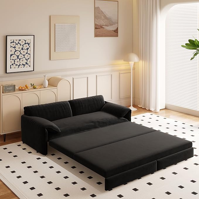 66" Queen Size Pull Out Sofa Bed, 3-in-1 Convertible Sleeper with Side Storage and Wheels, Velvet Loveseat for Living Room, Apartment, Bedroom, Black (Mattress & Bedding Not Included)