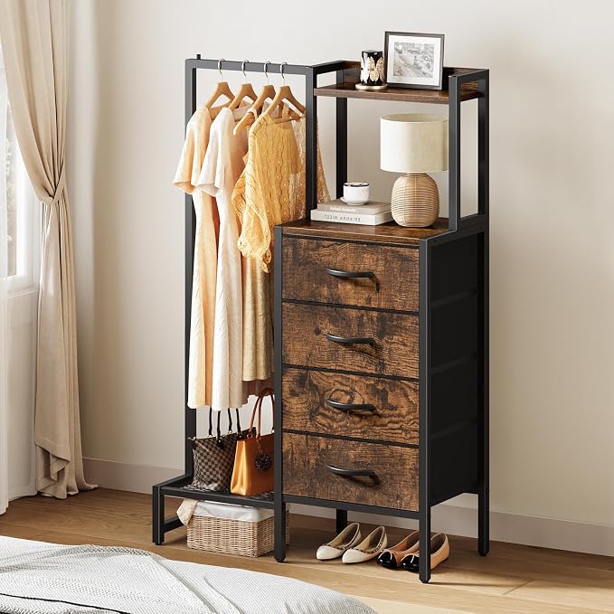 Yoobure Dresser with Hanging Rack - Small Closet with 4 Fabric Storage Drawers, 44"H Dresser with Clothes Rack, Chest of Drawer, Kids Dressers for Bedroom, Entryway, Living Room, Sturdy Frame, Rustic - Image 9