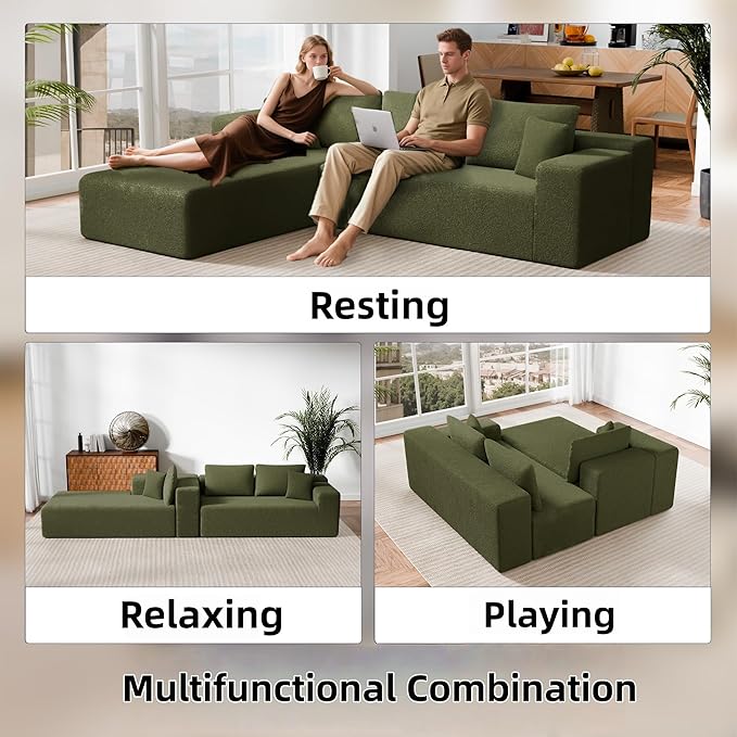 105" Cloud Sectional Couch with L-Shape Chaise,Modern Modular Sofa with Deep Seat, Fluffy Boneless Couches for Living Room Bedroom,No Assembly Required, Green (Plush Wool Fabric)