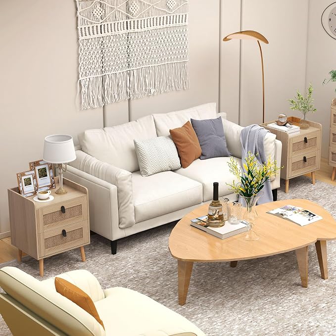 Giantex Rattan Nightstand with 2 Drawers, Boho End Table with 4 Solid Wood Legs, Mid-Century Modern Bedside Table with Storage, Wooden Night Stand for Small Spaces Bedroom, Natural - Image 9