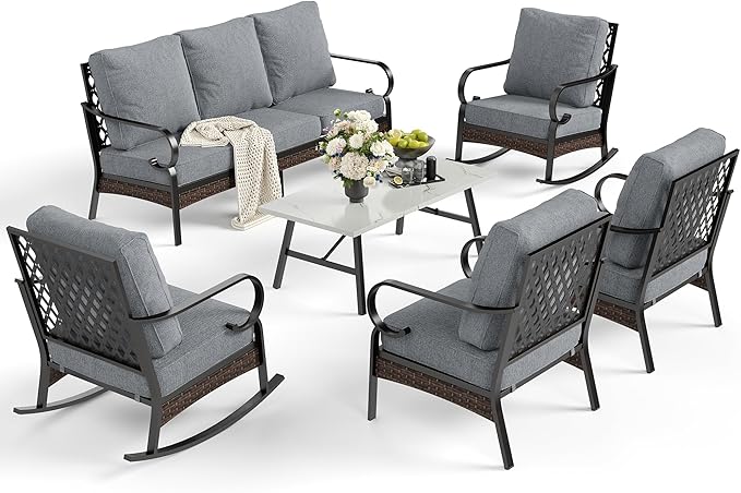 6 Piece Metal Outdoor Patio Furniture Set, Patio Conversation Set with 1 3-Seater & 2 Fixed Sofas, 2 Rocking Sofas, 5.75" Thick Cushion & Coffee Table, Black & Gray Backyard Furniture