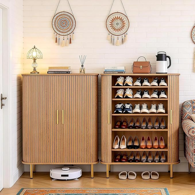 Shoe Cabinet Storage for Entryway: 6-Tier Shoe Cabinet with Adjustable Shelves & Sliding Doors, Mid-Century Modern Freestanding Shoe Storage Organizer for Entryway, Hallway, Living Room - Image 7