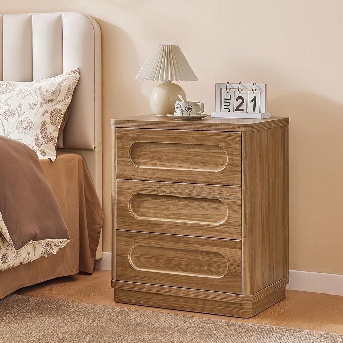 26.2" Tall Nightstand, 21.7" W Night Stand with 3 Storage Drawers, Wood Beside Table, Rounded Corner Design for Bedroom(Brown) - Image 9