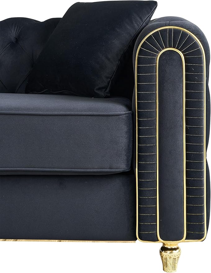 KEIKI 86" Chesterfield Velvet Button Tufted Sofa with High Density Foam Cushions and 2 Toss Pillows, Modern Style 3-Seater Couch with Gold Strip Trim Decoration, Easy Assembly, for Living Room, Black