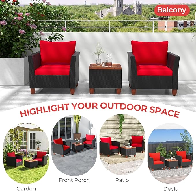 ORALNER 3 Pieces Patio Furniture Set, Outdoor Wicker Conversation Chairs with Cushion, Acacia Coffee Table, Rattan Bistro Set for Balcony Garden Backyard Front Porch Poolside (Red)