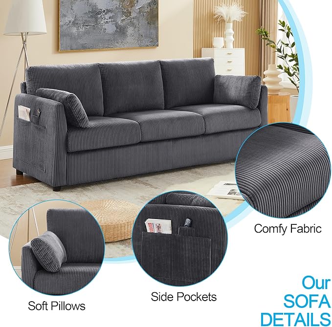 79" L Shaped Couch with Storage Ottoman, 3 Seater Corduroy Sofa with 2 Pillows and Storage Pockets, Convertible Small Couches for Living Room, Apartment, Small Spaces, Home Office, Grey