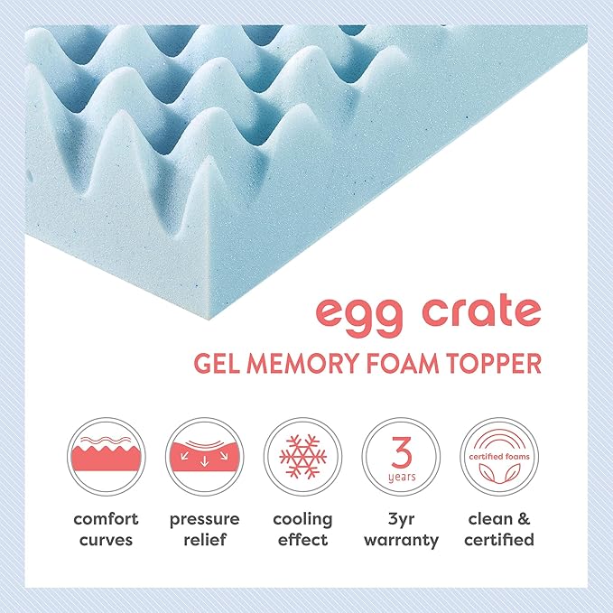 Best Price Mattress 2 Inch Egg Crate Memory Foam, Cooling Gel Infusion, Full Mattress Topper, Dorm Essentials, Blue