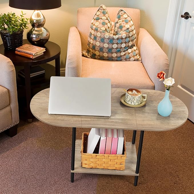 OYEAL Coffee Tables for Living Room 2-Tier Small Oval Table with Storage Shelf Mid Century Round Center Table for Display, Small Space,Home Office, Rustic Grey
