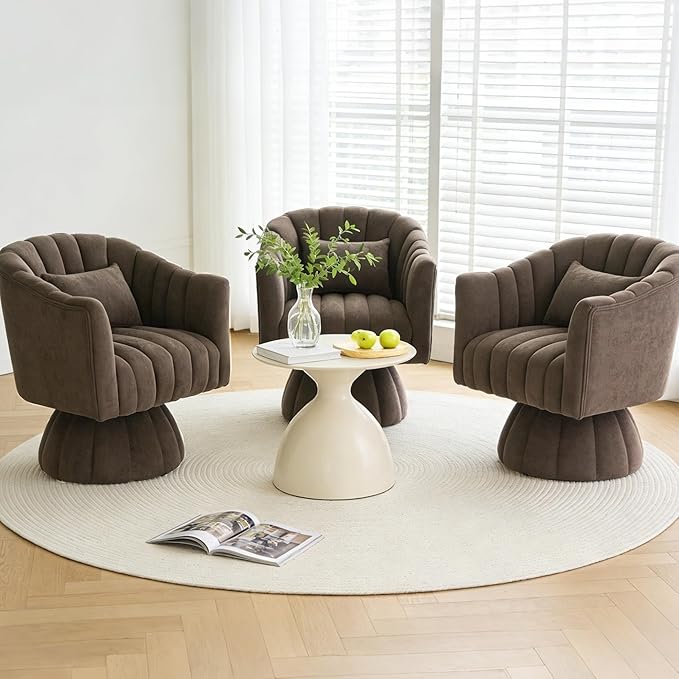 ClinQ Swivel Barrel Chair with Pillow Set of 4, 360° Cloud Velvet Round Swivel Accent Chair, Upholstered Cuddle Reading Lounge Chair for the Living Room, Bedroom, Office, Brown-Vertical Stripes