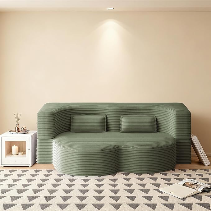 78" Convertible Sofa Bed, 2-in-1 Folding Floor Couch with 2 Pillows, Sleeper Sofa for Living Room and Bedroom, No Assembly Required (Green, Corduroy Fabric)