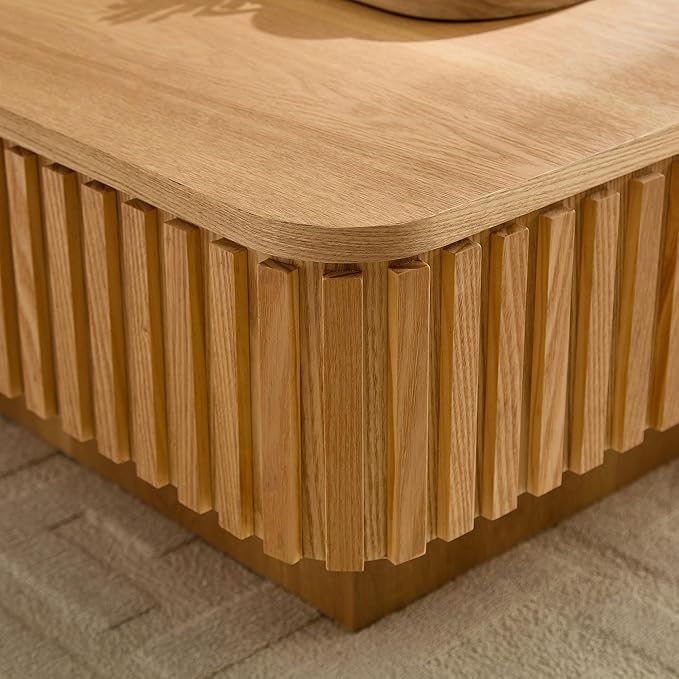 WILLIAMSPACE 35.43" Lift Top Coffee Table with Hidden Storage & Sturdy Base, Modern Luxury Square Wood Handcraft Drum Center Table Accent End Tea Table for Living Room, Minimalist Fluted Design, Oak