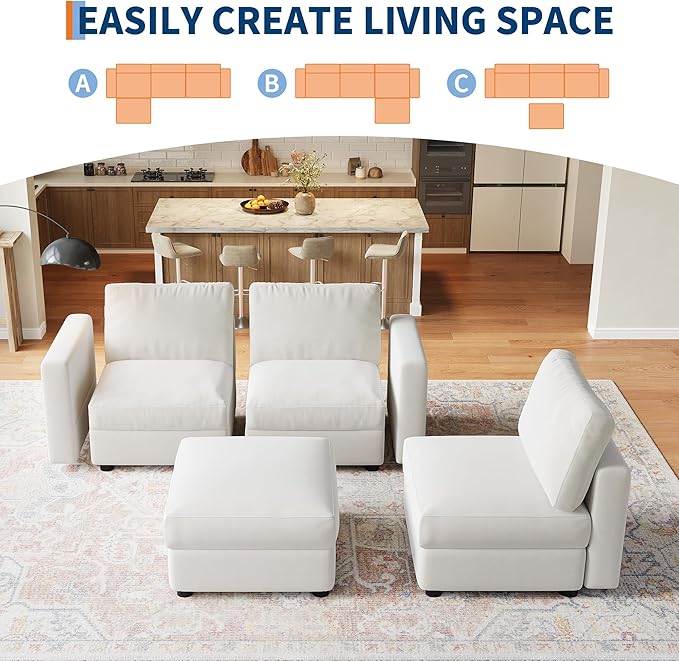 GarveeHome 104" Modular Sectional Sofa, 4 Seater Sectional Couch, L Shaped Sofa with Ottoman, Oversized Convertible Modular Couch for Living Room Apartment Office, Chenille Beige