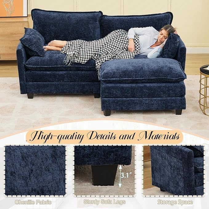 Modular Sectional Cloud Couch, 2 Seat Convertible Sectional Couches Sofa with Ottoman, Convertible L-Shape Cloud Sectionals Couches for Living Room, Apartment, Blue