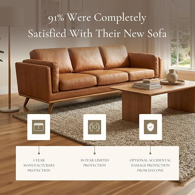 Poly & BARK Cadiz 90" Sofa – Saddle Tan Full-Grain Pure-Aniline Italian Leather, Feather-Down Cushions, Solid Rubberwood Base & Legs - Saddle Tan