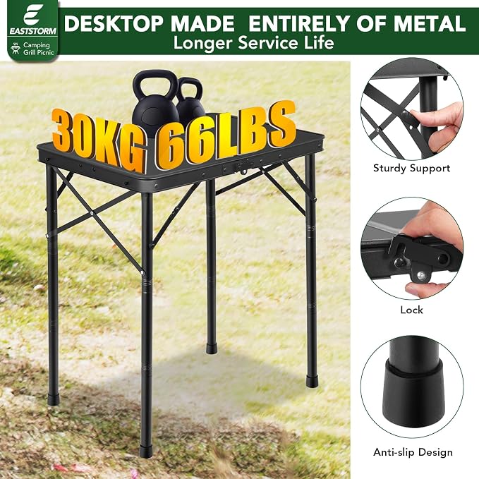 E EASTSTORM Small Metal Folding Table 3 Adjustable Heights, 23.6''×15.7''×27'' Heavy-Duty Portable Picnic Table for Outdoor Camping, Garden, Patio, Grill, BBQ, Party, 2Ft (Small, Black) - Image 7
