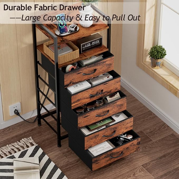 Furnulem 5 Drawer Dresser for Bedroom, Tall Nightstand with Led Light and Charging Station, Small Night Stand Bedside Table, Fabric Bins, Metal Frame, Wood Shelf, Side Furniture(Rustic Brown) - Image 9