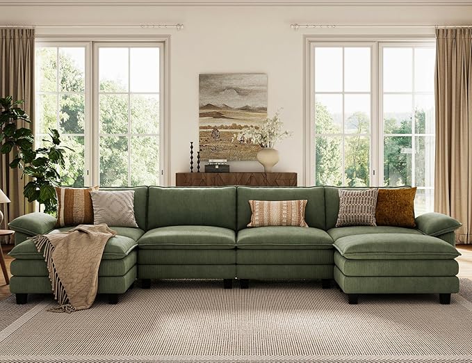 LINSY HOME 157'' Modular Sectional Sofa Green Couch Corduroy Cloud Couches for Living Room, U Shaped Couch with Movable Ottoman, Modern Cloud Sectional Sofas for Bedroom and Apartment, Green