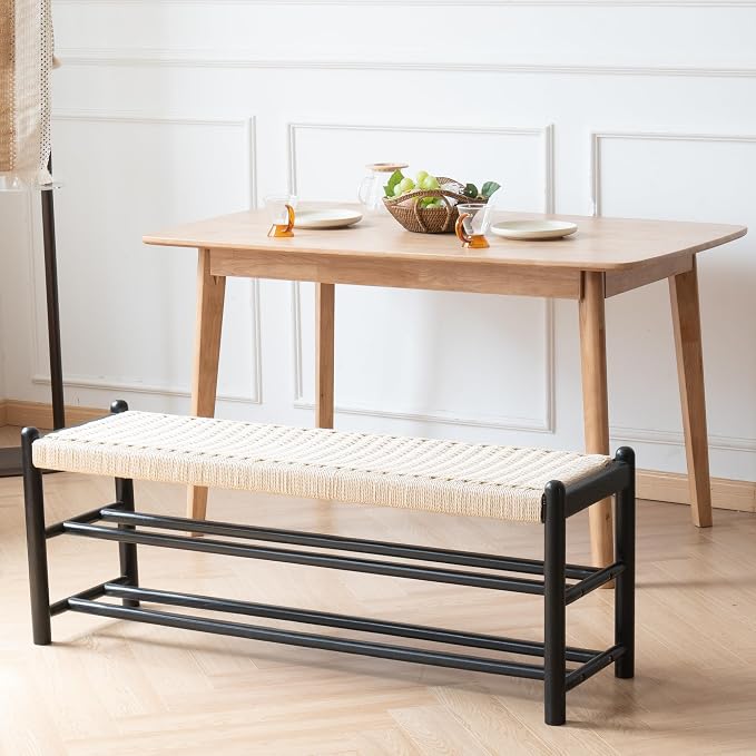 Solid Wood Entryway Bench with Shoe Storage, Rustic Oak Wood and Woven Design 45 Inch Long Seating for Living and Dining Rooms, 3-Tier Black - Image 7