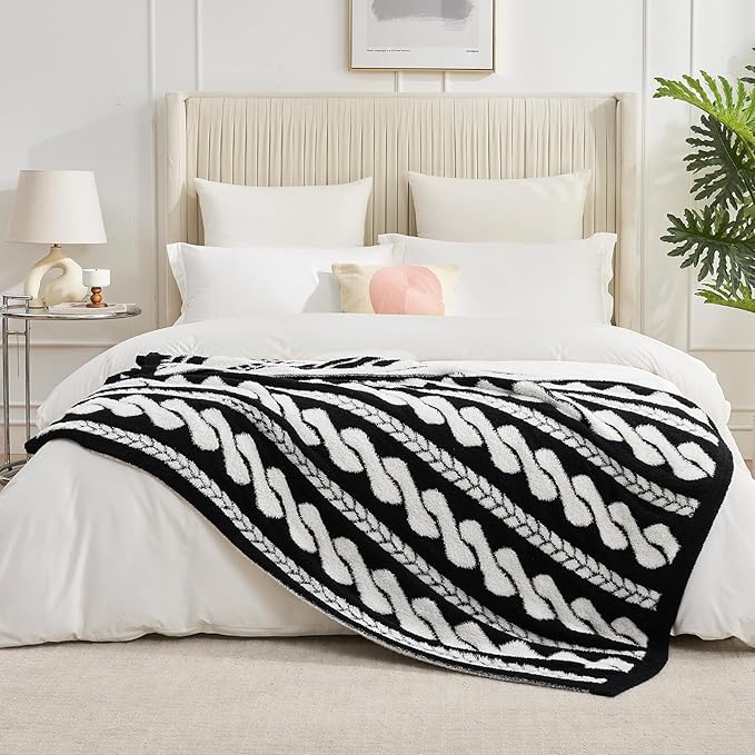 Amélie Home Knit Throw Blanket for Couch, Super Soft Fuzzy Cozy Throw, Giftable Knitted Blanket for Women Men, Birthday, Sofa Bed Living Room Decor, 50" x 60", Cable Black & White