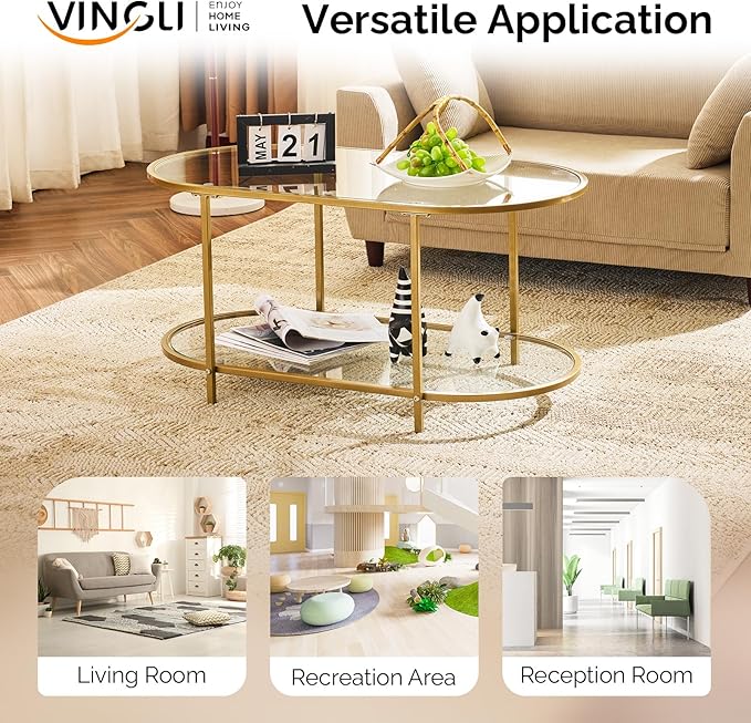 VINGLI 38" Oval Coffee Table, Transparent Glass Coffee Tables for Living, Modern Coffe Table with 2-Tier Storage, Tea Table for Small Space, Office, Balcony, Matte Gold