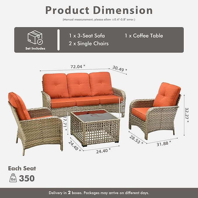 HOOOWOOO Outdoor Patio Furniture Set with Light Table,4 Pieces Wicker Conversation Set,All Weather High Back Couch Sofa Chairs Set,Orange Red