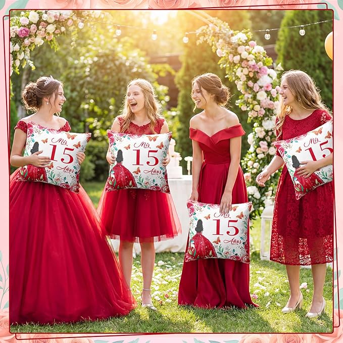 Kathfly Cojines para 15 Años De Quinceañera Decoration 16 x 16 Inche Red Quinceañera Pillow Gifts Mis Xv Años Throw Pillow Sweet for Daughter Sister Friend 15th Birthday Gifts