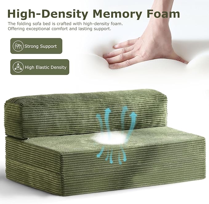 6-inch Folding Mattress Sofa Bed,Convertible Floor Bed & Sleeping Couch with Removable Corduroy Cover & Carry Handles, High-Density Foam (Green, Queen)