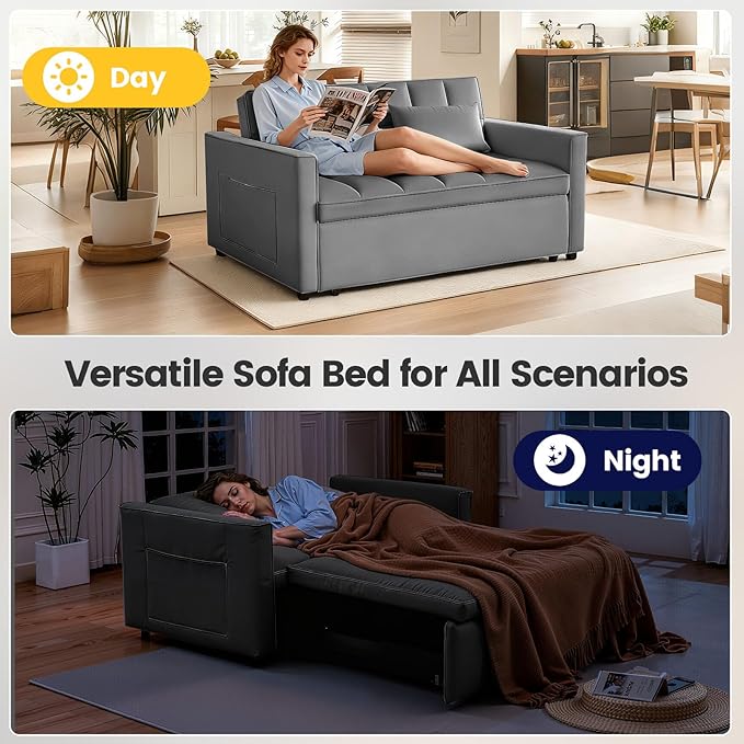 Pull Out Couch, Loveseat Sleeper Sofa Bed with Side Pockets, 3 in 1 Velvet Fabric Convertible Sofa Bed with Adjustable Backrest for Living Room, Bedroom, Apartment, Gray