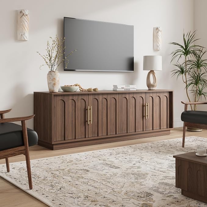 FORTUNETEC TV Stand for 75 Inch TV, Mid Century Modern TV Stand with Arched Design, Wood Grain Finish, Media Console with Adjustable Shelves, 67" Entertainment Center for Living Room Bedroom, Walnut - Image 9